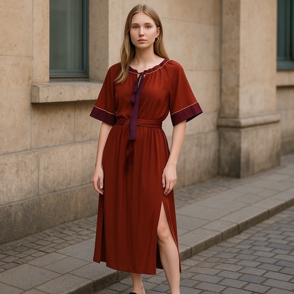 Zara Limited Edition Contrasting Midi Dress Burgundy‎ Wine Belted Size M NWOT - Picture 1 of 7